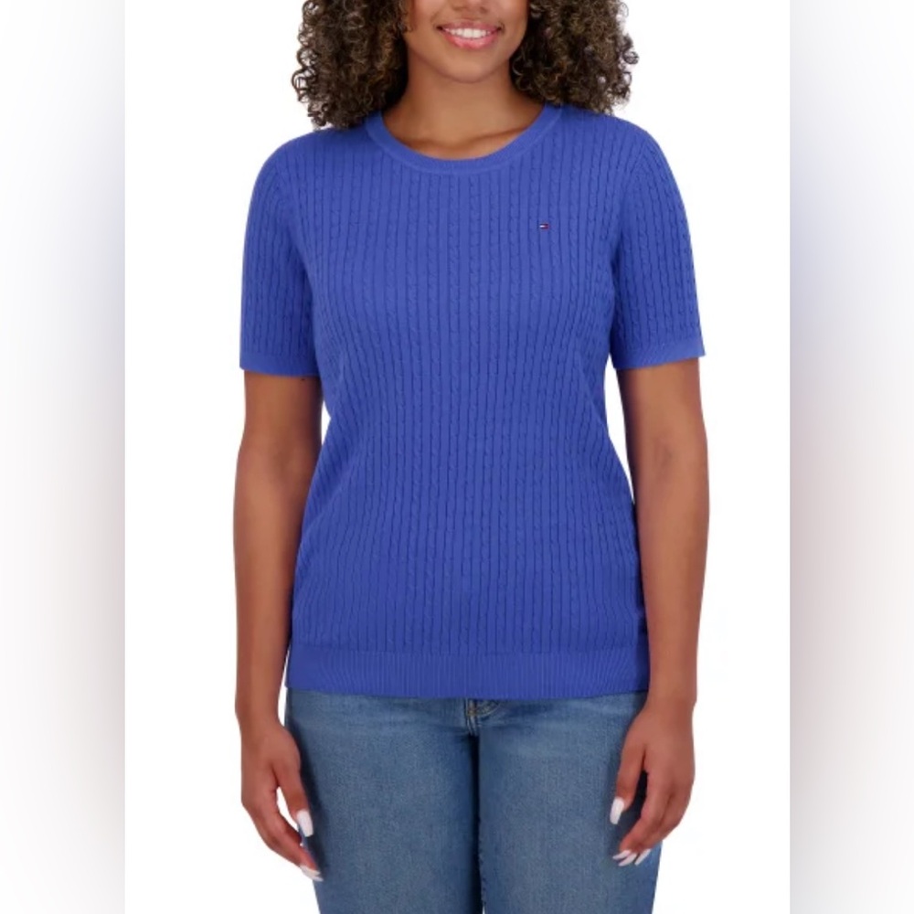 Tommy Hilfiger Women’s Royal Blue Short Sleeve Cable Knit Sweater – L